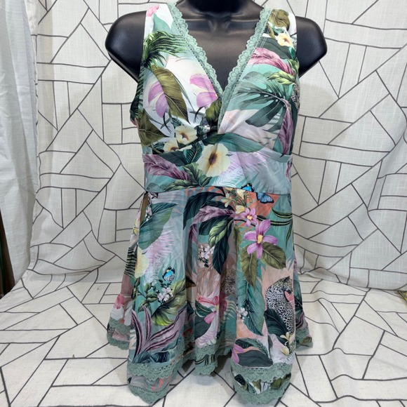 torrid Other - Torrid Swim Dress Size 0 Multicolor Tropical Leopard Lace Trim Swim Top